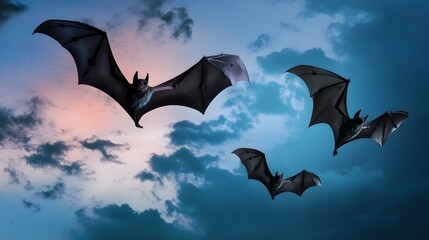 Three bats fly through a twilight sky.