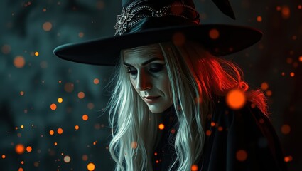 Mysterious Witch with Long Blonde Hair and a Black Hat