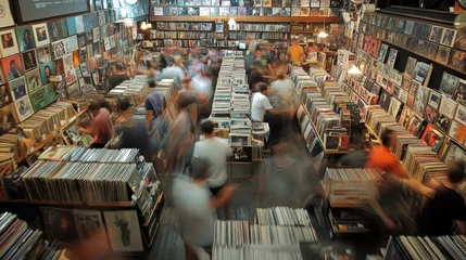 Papier peint photo Vinyl Paradise: Vibrant Record Store with Eclectic Selection of Albums and CDs, Customers Exploring Music Collection