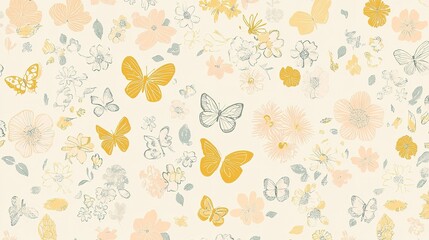 Colorful floral and butterfly pattern on a light background showcasing nature's intricate details during springtime