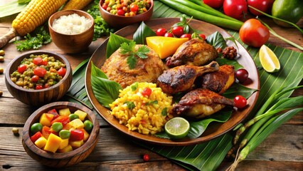 Delectable Jamaican Cuisine Featuring A Colorful Array Of Jerk Chicken, Ackee And Saltfish, Bammy, And Tropical Fruits In A Traditional Setting.