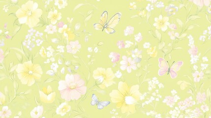 Delicate spring floral pattern featuring colorful butterflies on a light green background, perfect for nature lovers and textile design