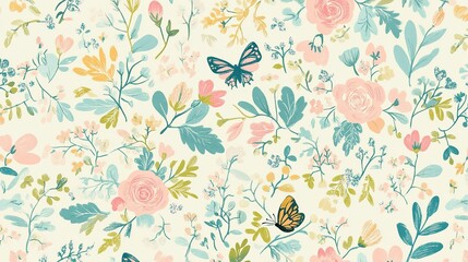 Colorful floral pattern featuring pastel roses, green leaves, and butterflies among delicate wildflowers in a soft design
