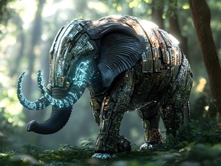 Fototapeta premium Sleek Mirrored Pachyderm Traverses Surreal Holographic Jungle with Luminescent Fractal Tusks