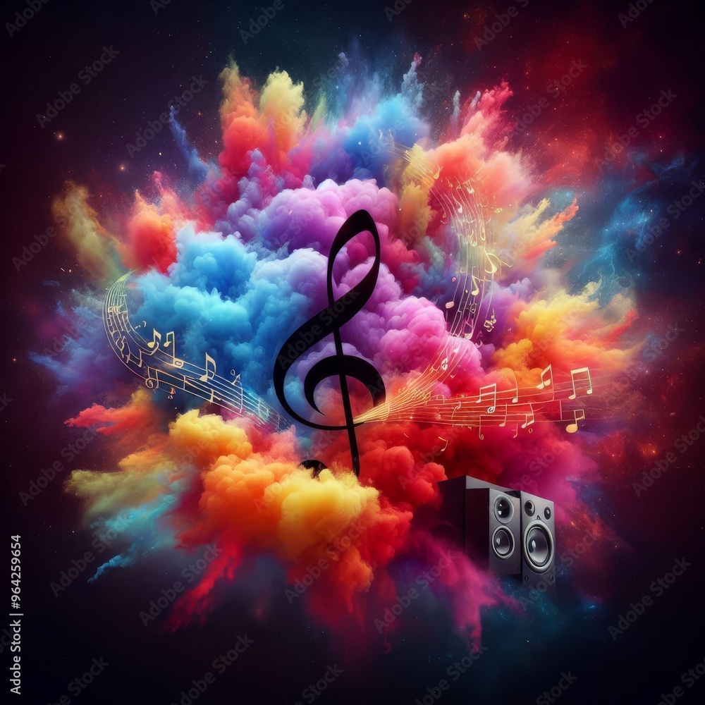 Poster a vibrant explosion of colorful smoke clouds surrounds a large musical note, creating a dynamic and 