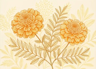 Delicate, hand-drawn marigold outline illustration with intricate details and gentle curves, set against a soft, creamy white background, exuding warmth and vintage charm.