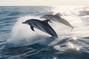 Fototapeta premium Playful Dolphin Couple Leaping Through Ocean Waves