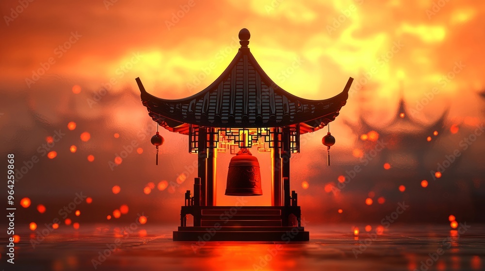 Sticker Traditional Chinese pagoda with a bell at sunset with bokeh lights.