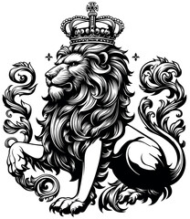 Drawing of a Heraldic Seated Lion with a Royal Crown on its Head