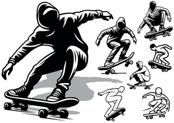 Obraz premium Set of Skateboarder Drawings and Icons - Black Illustrations Isolated on White Background, Vector