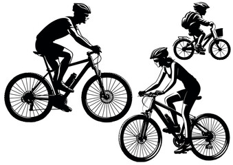 Cyclist Man and Woman and Child as a Silhouettes - Set of Black Illustrations Isolated on White Background, Vector