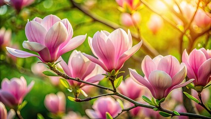 Obraz premium Delicate pink-hued Magnolia dianica flowers bloom against a lush green background, showcasing their elegant, tulip-shaped petals and golden centers in soft, natural light.