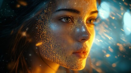 Futuristic Portrait of a Woman with Digital Facial Elements in Vibrant Light