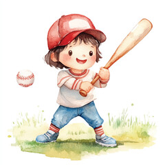 cute kid playing Baseball watercolor clipart