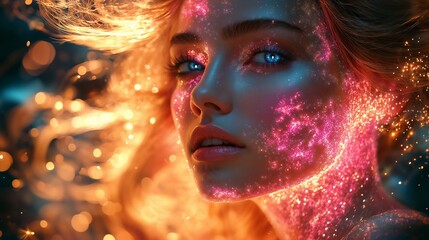 Obraz premium Enchanting Woman with Cosmic Glow and Sparkling Colorful Lights