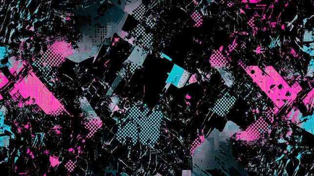 Abstract digital artwork featuring vibrant pink, blue, and black geometric patterns created in an urban style