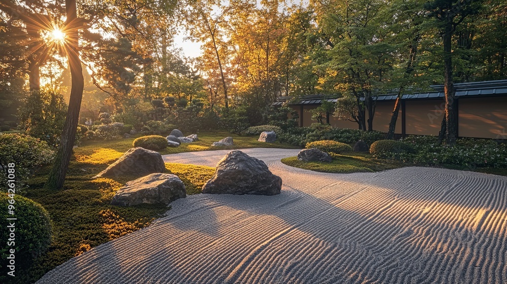 Wall mural Tranquil Japanese Zen Garden with Sunbeams Filtering Through Trees.