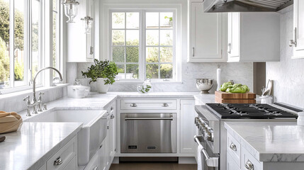 A transitional kitchen featuring classic white cabinets with modern hardware, marble countertops, stainless steel appliances, and a farmhouse sink