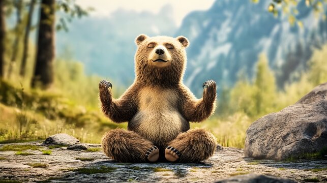 A brown bear sits in a relaxed yoga pose in the forest, radiating tranquility.