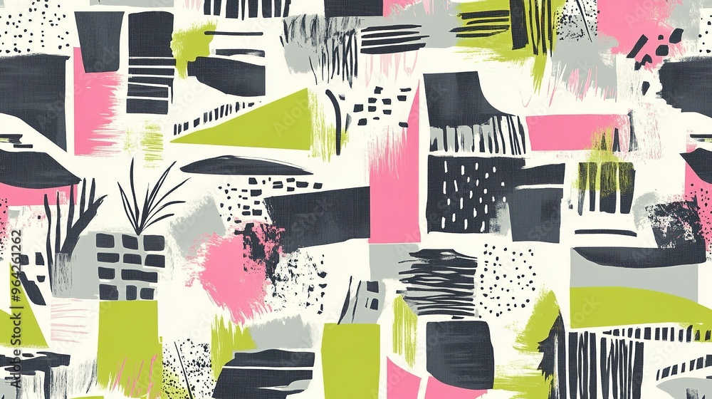 Poster colorful abstract art with geometric shapes and brush strokes in vibrant tones and patterns on a lig