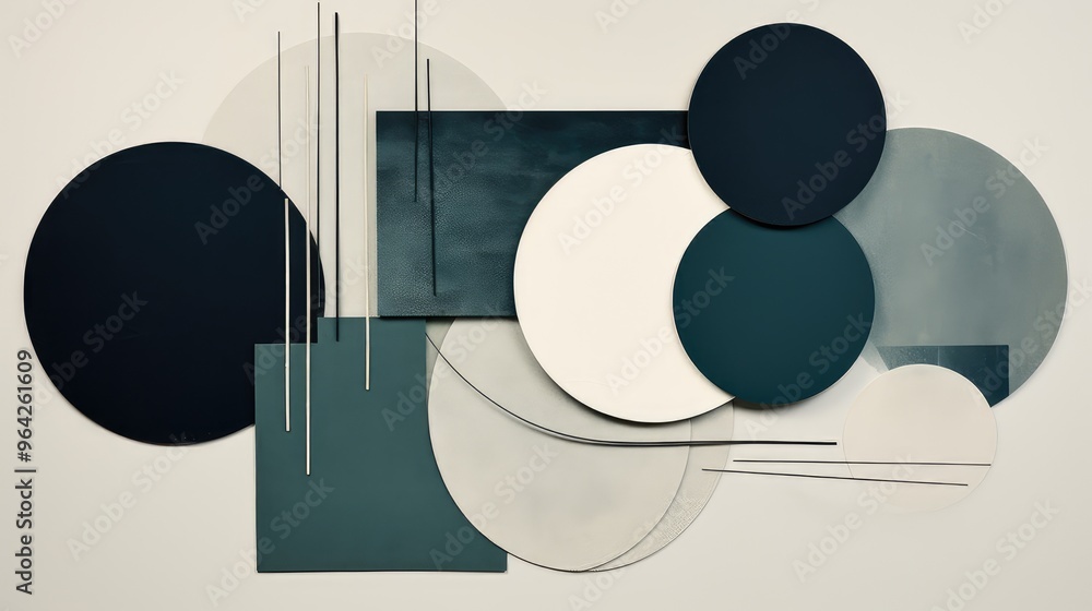 Poster a modern abstract composition featuring overlapping circles and geometric shapes in muted colors.
