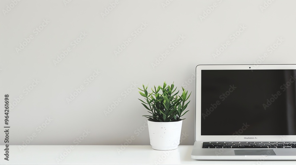 Wall mural a laptop computer and a potted plant on a white desk.