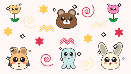 Cute character backgrounds of bears, cats, rabbits, octopuses, flowers and hamsters