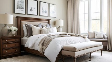 A transitional-style bedroom with a blend of traditional wood furniture and modern textiles, neutral wall colors, and subtle decorative accents