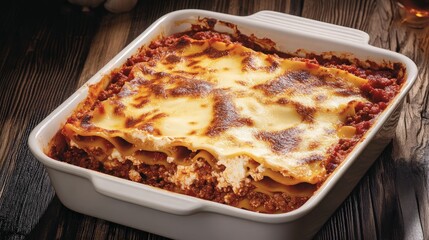 Lasagna, a classic Italian dish,  with layers of pasta, meat sauce, cheese, and ricotta