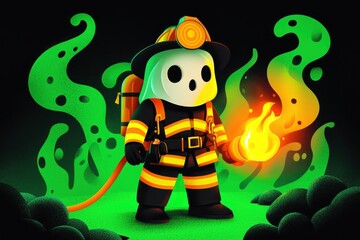 Obraz premium Firefighter Cartoon Character Holding a Torch Against Green Slime