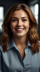 Fototapeta premium Smiling young Caucasian woman with brown hair in a light blue collared shirt, headshot portrait with natural expression