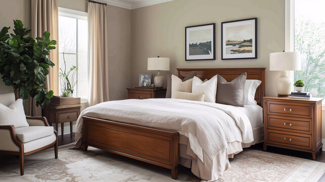 A transitional-style bedroom with a blend of traditional wood furniture and modern textiles, neutral wall colors, and subtle decorative accents