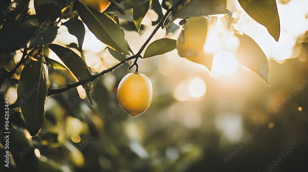 Poster a ripe lemon hangs from a tree branch, bathed in the warm glow of the setting sun.