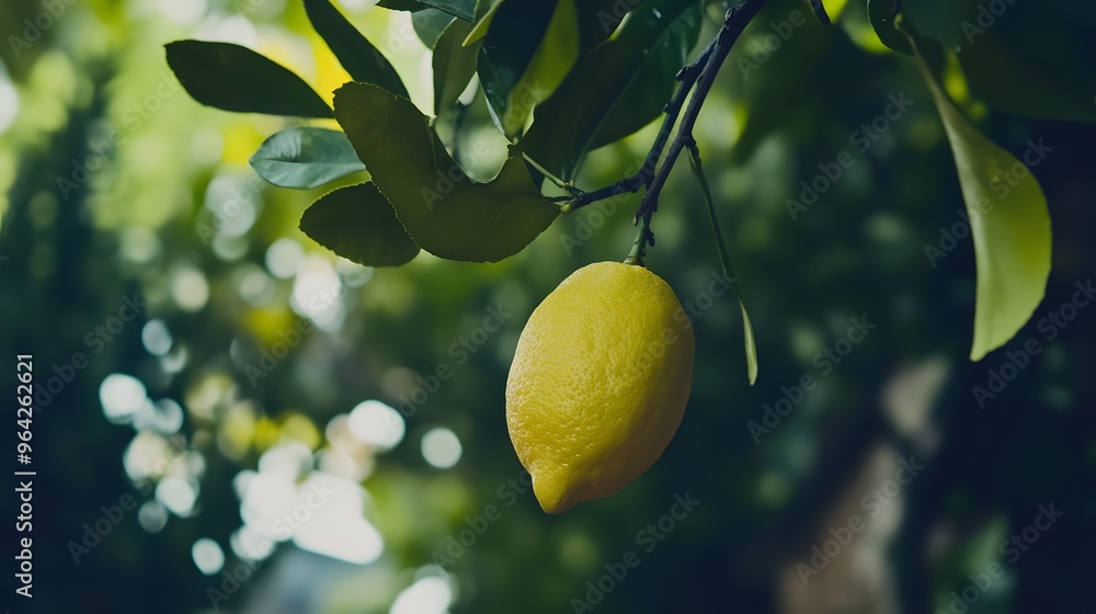 Poster a single ripe lemon hangs from a branch on a lemon tree.