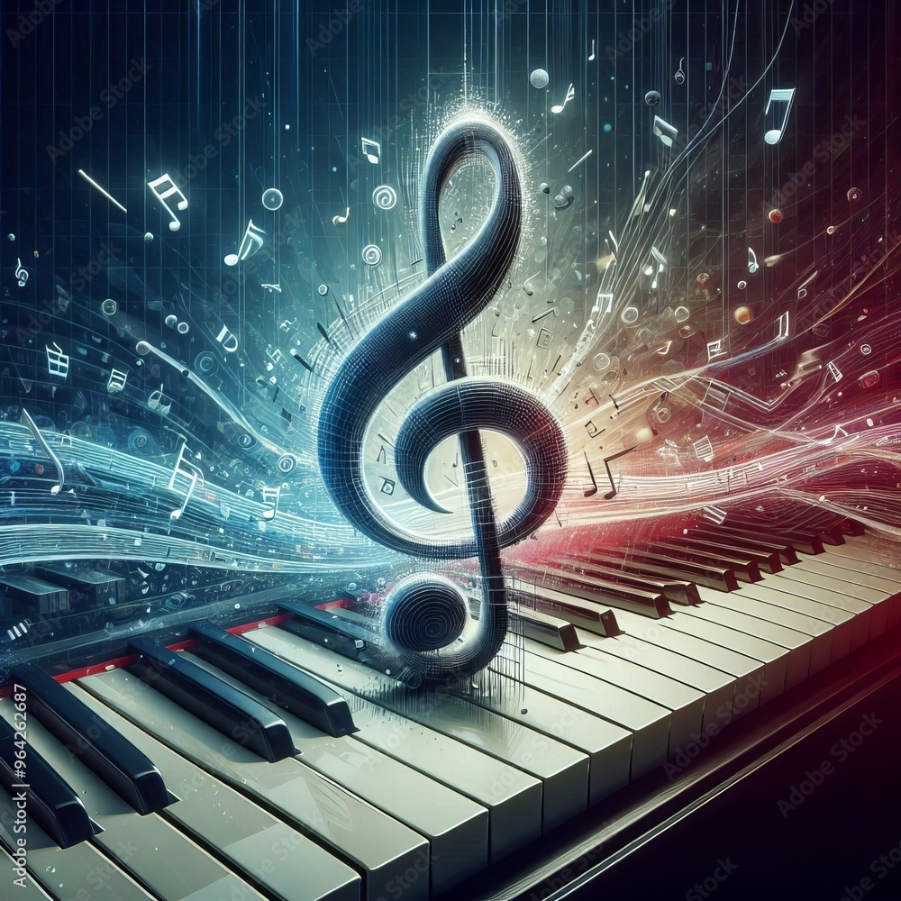 Poster a dynamic visual of a treble clef bursting with musical notes over a piano keyboard. the vibrant col