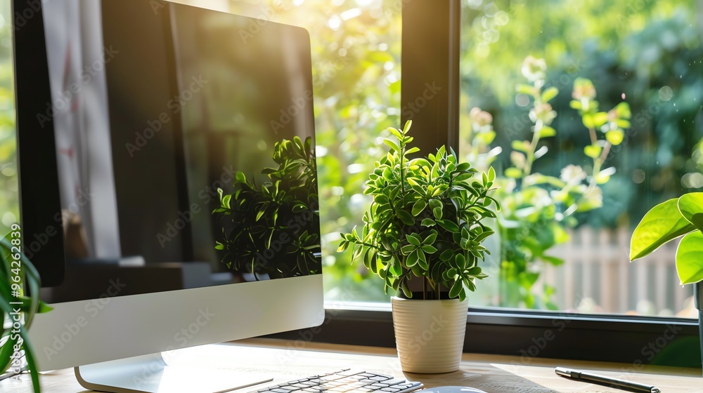 Poster a desk with a computer, keyboard, mouse, and plants in front of a window with sunshine streaming in.