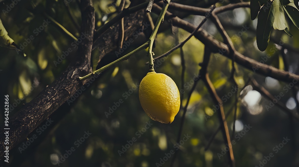 Aufkleber a single lemon hangs from a tree branch.