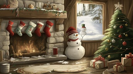 Cozy winter holiday setting with a fireplace, Christmas tree, and snowman in a cabin during a snowy morning