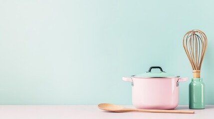 Ceramic saucepan with bamboo whisk and ladle, eco-friendly kitchen, soft pastel tones, sustainable materials, modern rustic fusion
