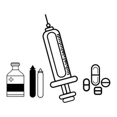 Medical Supplies Illustration Featuring a Syringe, Vial, Capsules, Pills, and Test Tubes - Vector Design for Healthcare, Medicine, and Pharmaceutical Uses.

