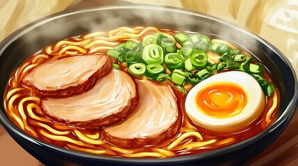 A bowl of steaming ramen with pork slices, green onions, and a softly boiled egg, perfect for a comforting meal