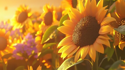 Vibrant sunflower field basking in golden sunlight during late afternoon near a rural landscape