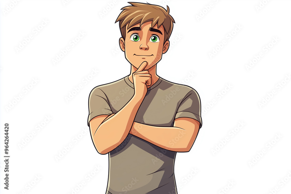 Wall mural cartoon character, a young man with green eyes, wearing a t-shirt stands thinking on a white backgro