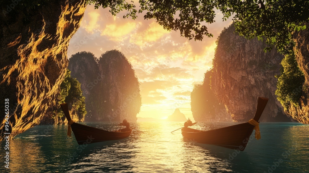 Canvas Prints Two longtail boats in a tranquil lagoon at sunset.