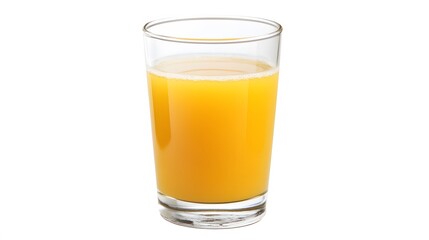 A glass of orange juice on a white background.