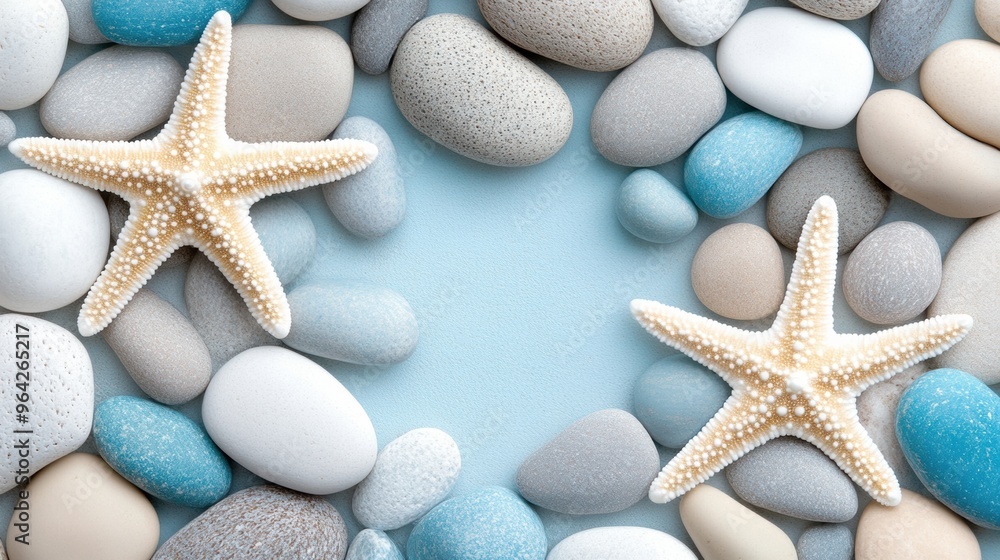 Wall mural Two starfish are placed on a blue background with rocks and pebbles, AI