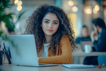 Beautiful Middle Eastern Manager Sitting at a Desk in Creative Office. Young Stylish Female with Curly Hair Using Laptop Computer in Marketing Agency. generative ai