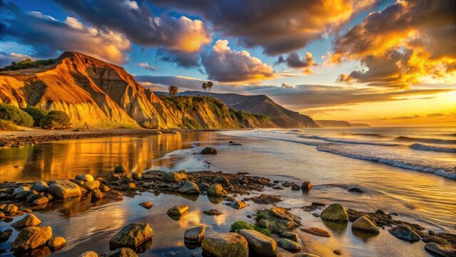 Golden hour casts a warm glow on Ventura's scenic coastline, featuring rocky tide pools, sandy shores, and dramatic bluffs overlooking the tranquil Pacific Ocean.