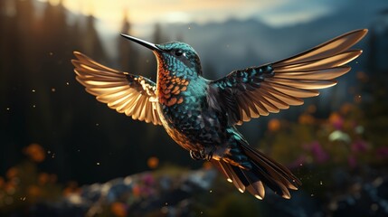 Obraz premium Flying hummingbird with green forest in background. Small colorful bird in flight. Digital art