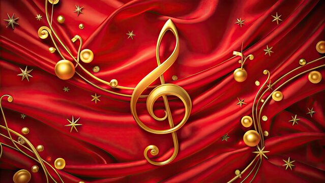 Golden Musical Notes And Clefs Adorn A Vibrant Silky Red Background, Creating A Dynamic And Festive Ornament Design.